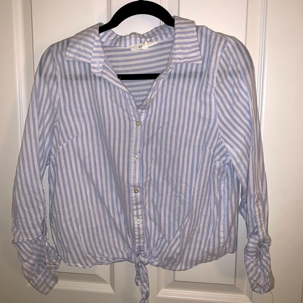 RARELY WORN white & blue striped button up blouse